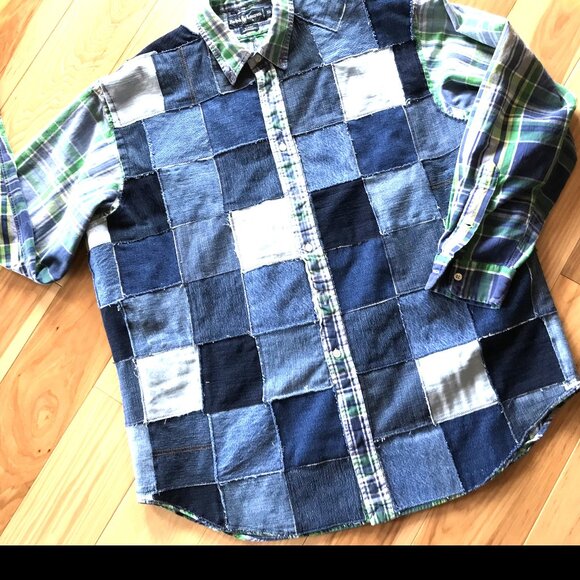 Upcycled Patchwork Jean Jacket, Men's XL: Lake of the Ozarks Denim Patch Shirt - Picture 9 of 14